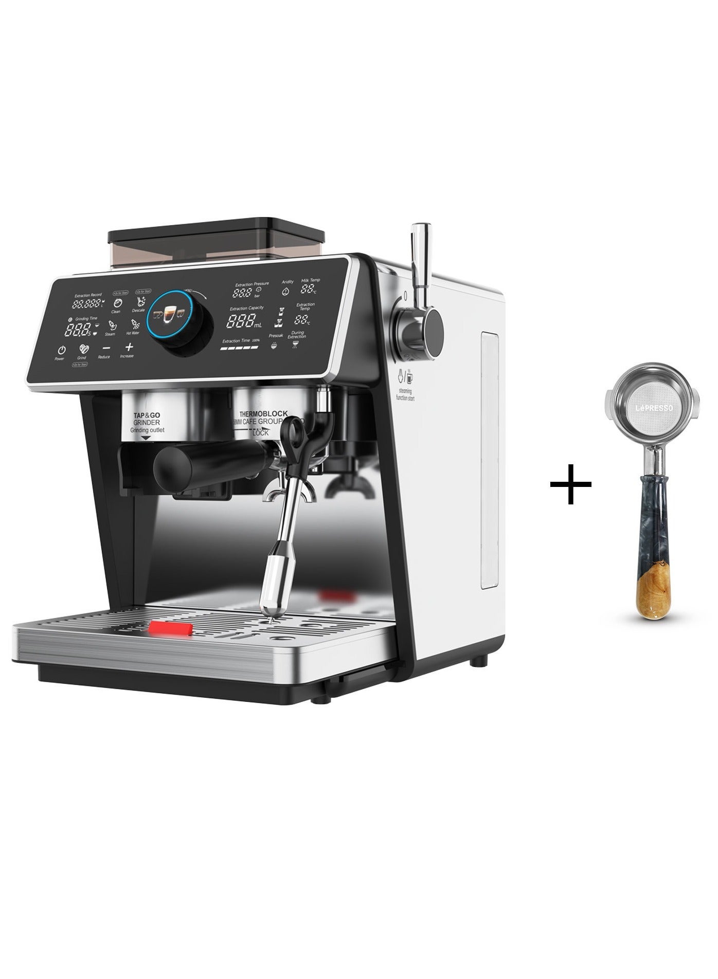 Semi Automatic Dual Boiler Coffee Machine with 20 Bar Pressure, Touch Display & Adjustable Grinder, Espresso Maker, Milk Steamer, Pitcher, Portafilter, Included Portafilter Bottomless 58mm Coffee Machines, Stainless Steel, Wood, Alloy(Ring), Ergonomic Design, Scoop & Tamper Included, Good for Home, Office, and more